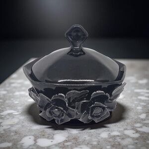 Paris Royal Black Flower Porcelain Sugar Pot / Dish w/ Lid